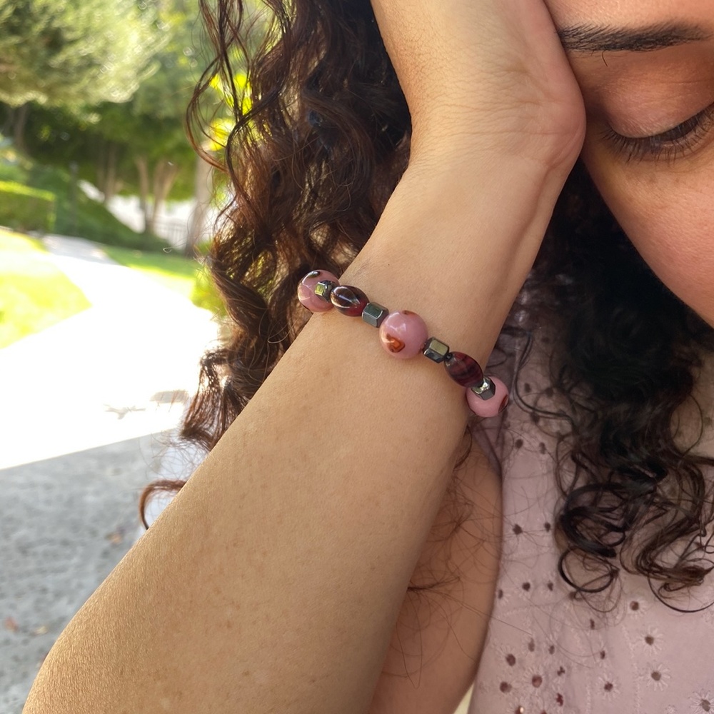 Hematite Bracelet w Pink Floral Glass Beads